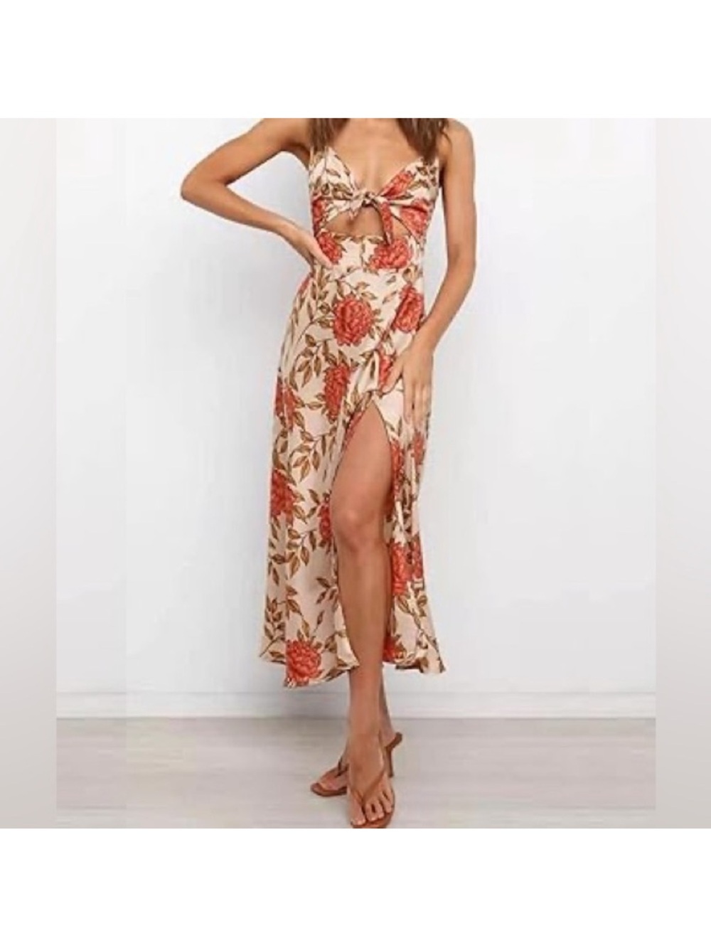 Petal & Pup Coral Floral Tie-Front Midi Dress - Picture 2 of 5